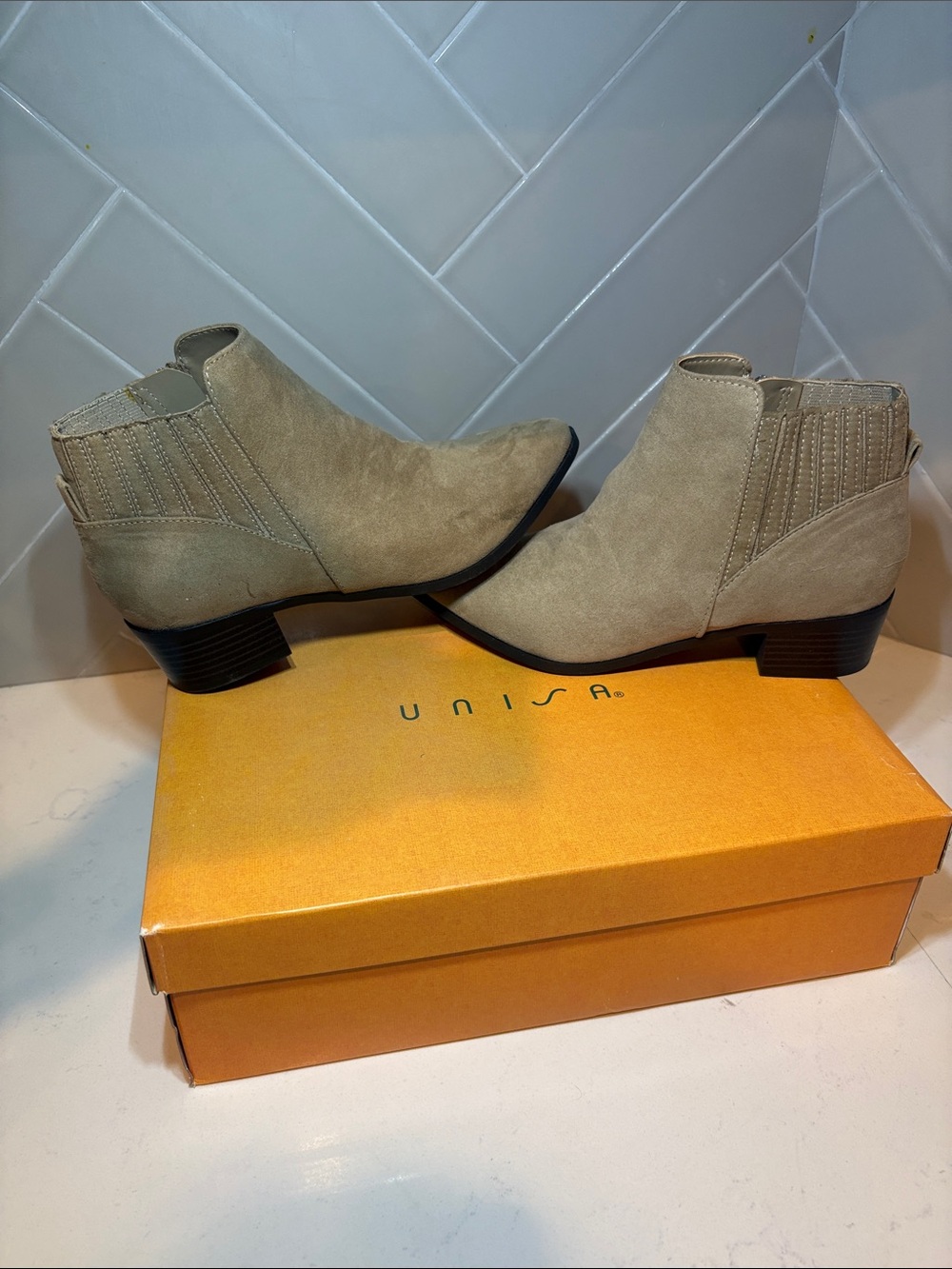 Unisa Beige Suede Chelsea Ankle Booties